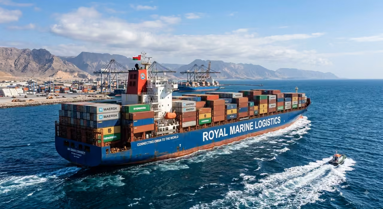 Container ship sailing across the open sea — connecting Oman to the world